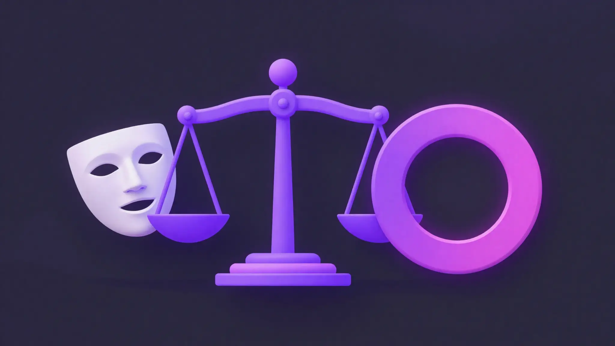 Balanza de la justicia, máscara anónima y círculo de historia