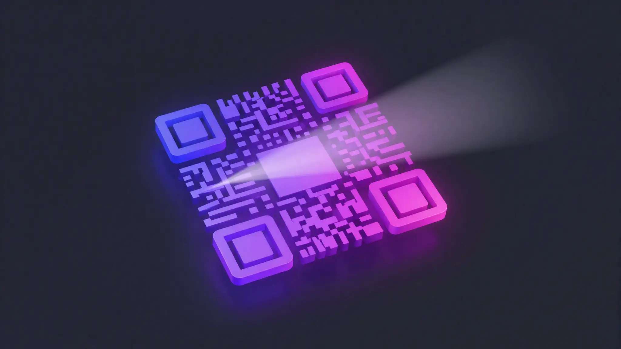 Ilustración de un código QR estilizado con un haz de escaneo